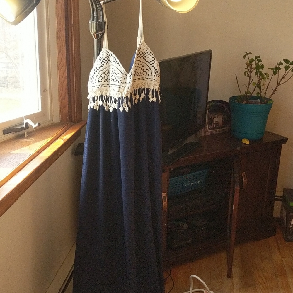 Navy and white spaghetti strap dress